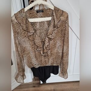 Zara Animal Print Ruffle Blouse/Bodysuit